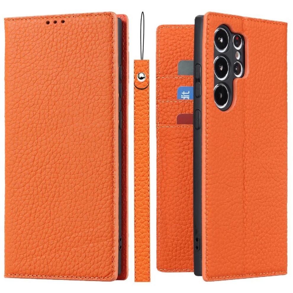 Photos - Case  Flip  for Samsung Galaxy S23 Ultra Portable Wrist Strap High Quality Lychee Pattern(Orange)