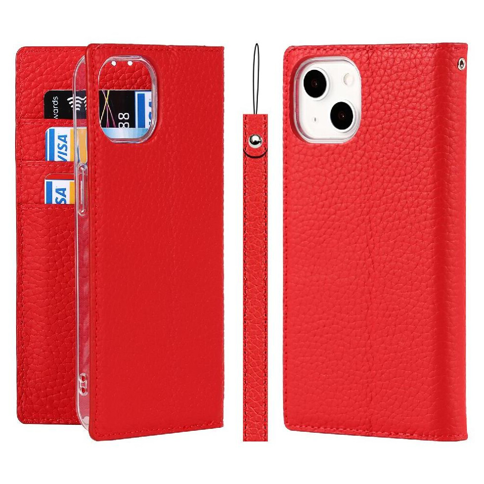 (Red) Flip Case For Iphone 13 Wrist Strap Lychee Pattern High Quality Portable Red 764549392735
