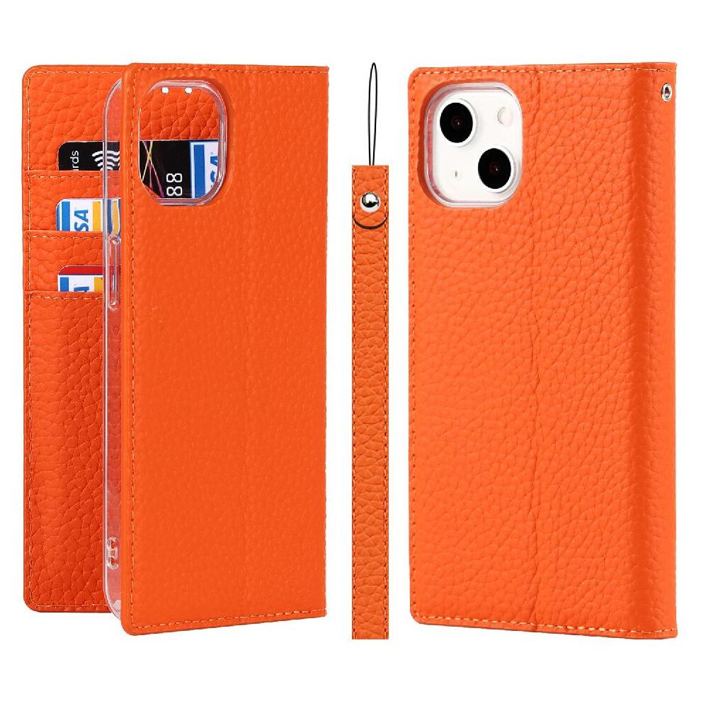 (Orange) Flip Case For Iphone 13 Wrist Strap Lychee Pattern High Quality Portable Orange 764549392728