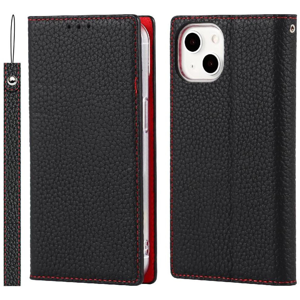(Black) Flip Case For Iphone 13 Wrist Strap Lychee Pattern High Quality Portable Black 764549392759