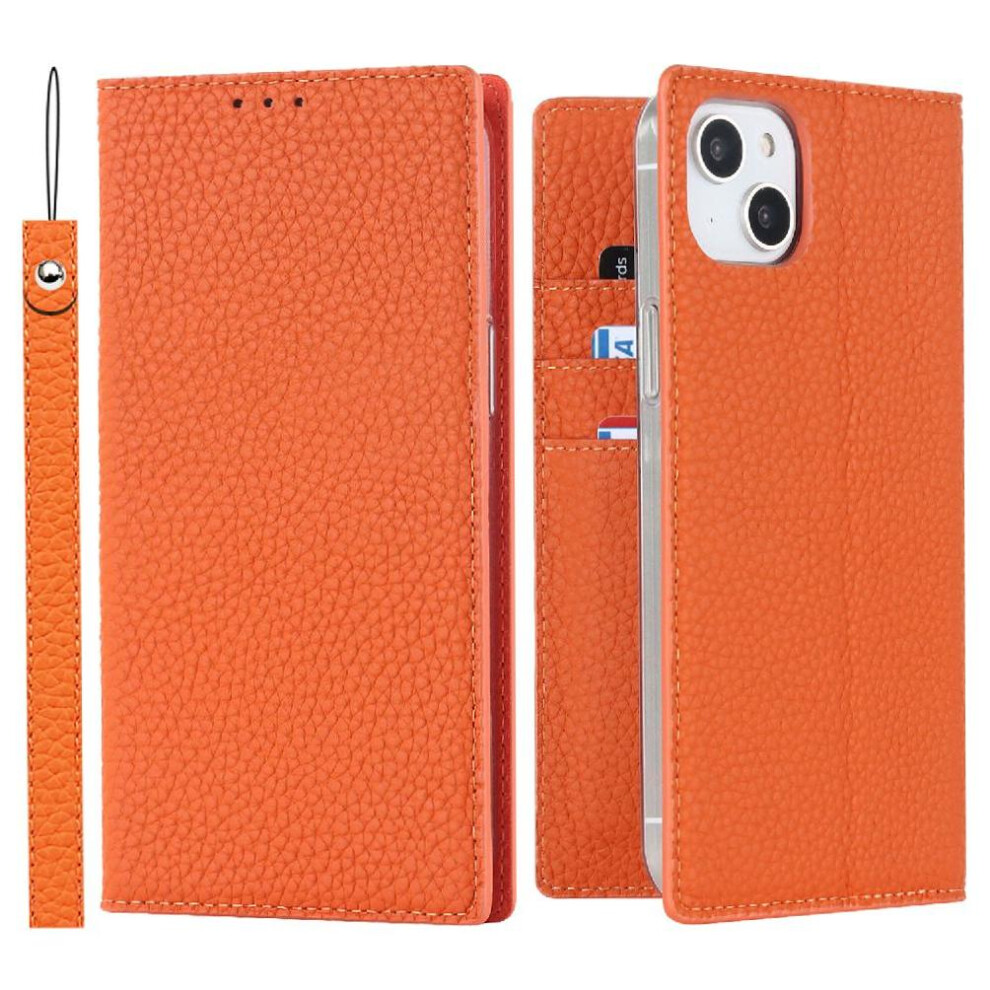 (Orange) Flip Case For Iphone 15 High Quality Portable Wrist Strap Lychee Pattern Orange 764549393084