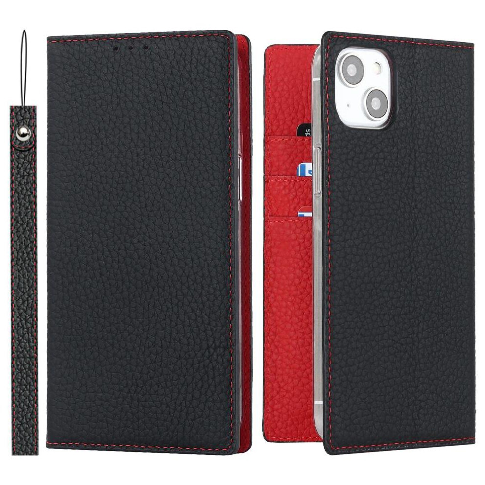 (Black) Flip Case For Iphone 14 Wrist Strap Lychee Pattern Portable High Quality Black 764549393350