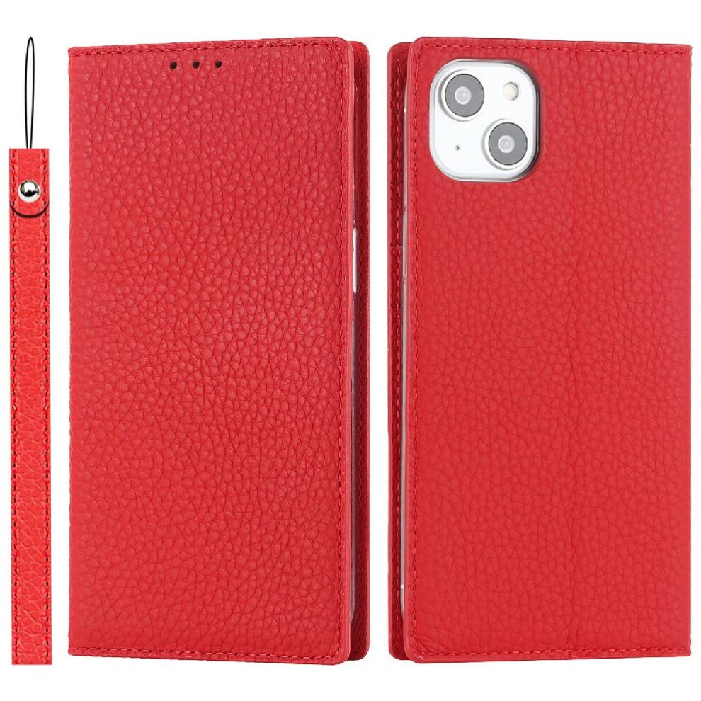 (Red) Flip Case For Iphone 14 Wrist Strap Lychee Pattern Portable High Quality Red 764549393336