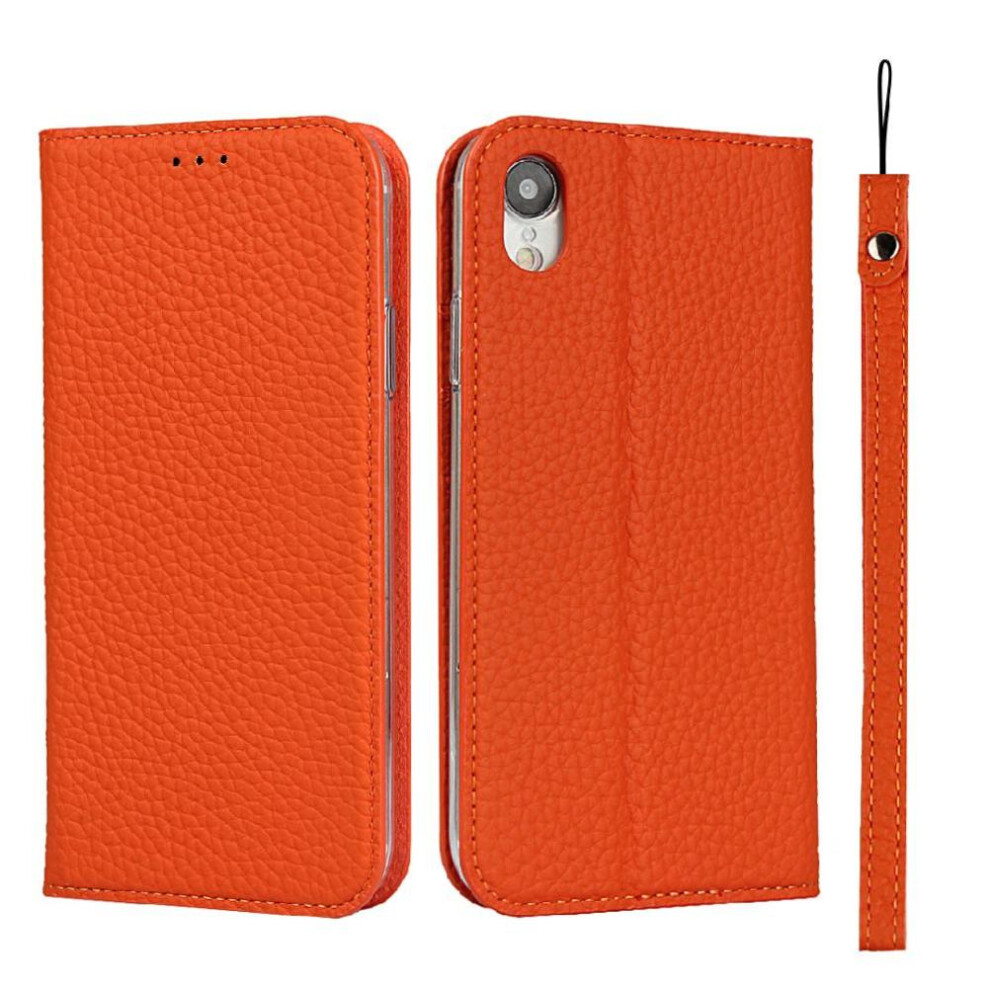 (Orange) Flip Case For Iphone Xr Portable Wrist Strap High Quality Lychee Pattern Orange 764549393503