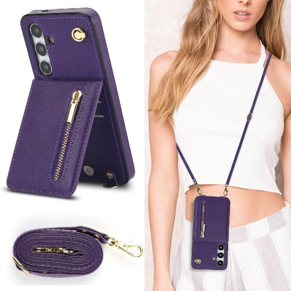 (Purple) Case For Samsung Galaxy S24 Plus Shockproof Zipper Wallet Long Strap Holder Purple 764549394463