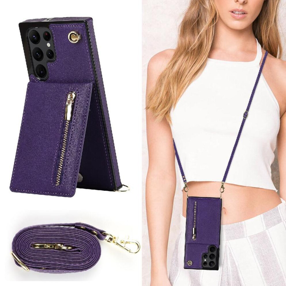 (Purple) Case For Samsung Galaxy S22 Ultra Long Strap Shockproof Zipper Wallet Holder Purple 764549394715