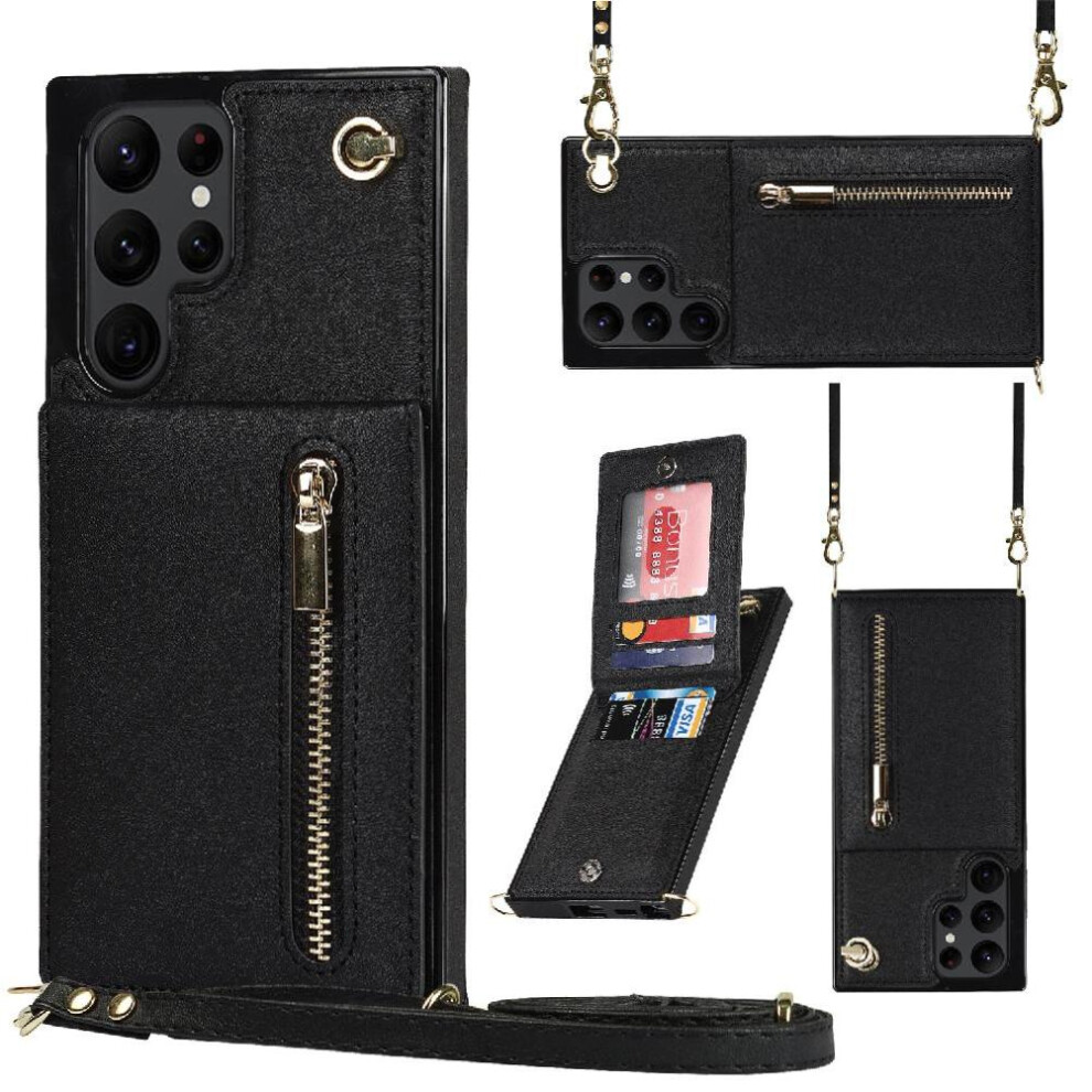 (Black) Case For Samsung Galaxy S22 Ultra Long Strap Shockproof Zipper Wallet Holder Black 764549394678