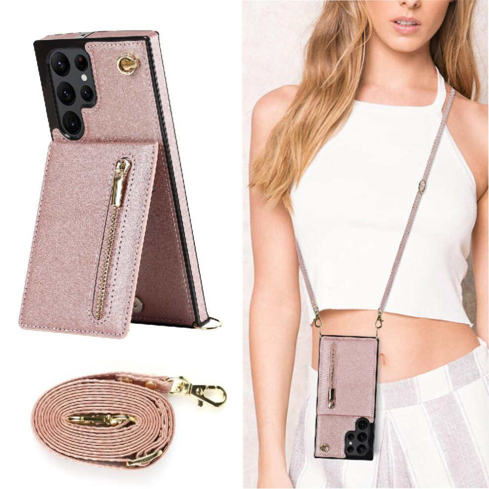 (Pink) Case For Samsung Galaxy S22 Ultra Long Strap Shockproof Zipper Wallet Holder Pink 764549394708