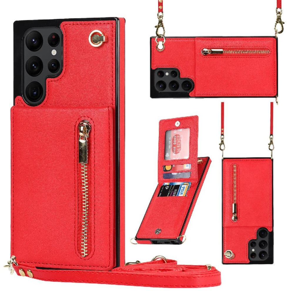 (Red) Case For Samsung Galaxy S22 Ultra Long Strap Shockproof Zipper Wallet Holder Red 764549394685