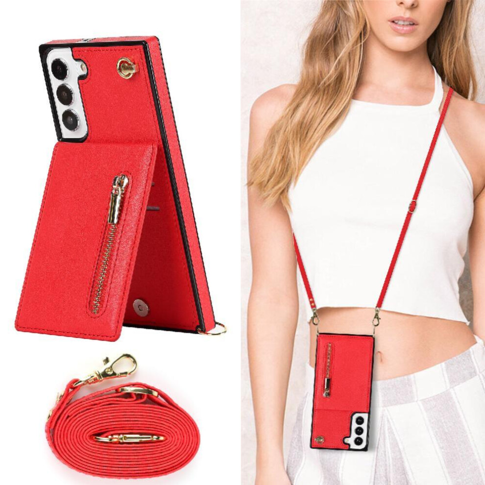 (Red) Case For Samsung Galaxy S22 Plus Holder Long Strap Zipper Shockproof Wallet Red 764549394739