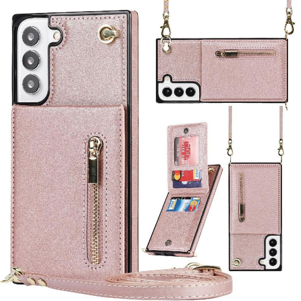 (Pink) Case For Samsung Galaxy S22 Long Strap Shockproof Wallet Holder Zipper Pink 764549394807