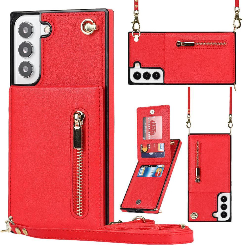 (Red) Case For Samsung Galaxy S22 Long Strap Shockproof Wallet Holder Zipper Red 764549394784