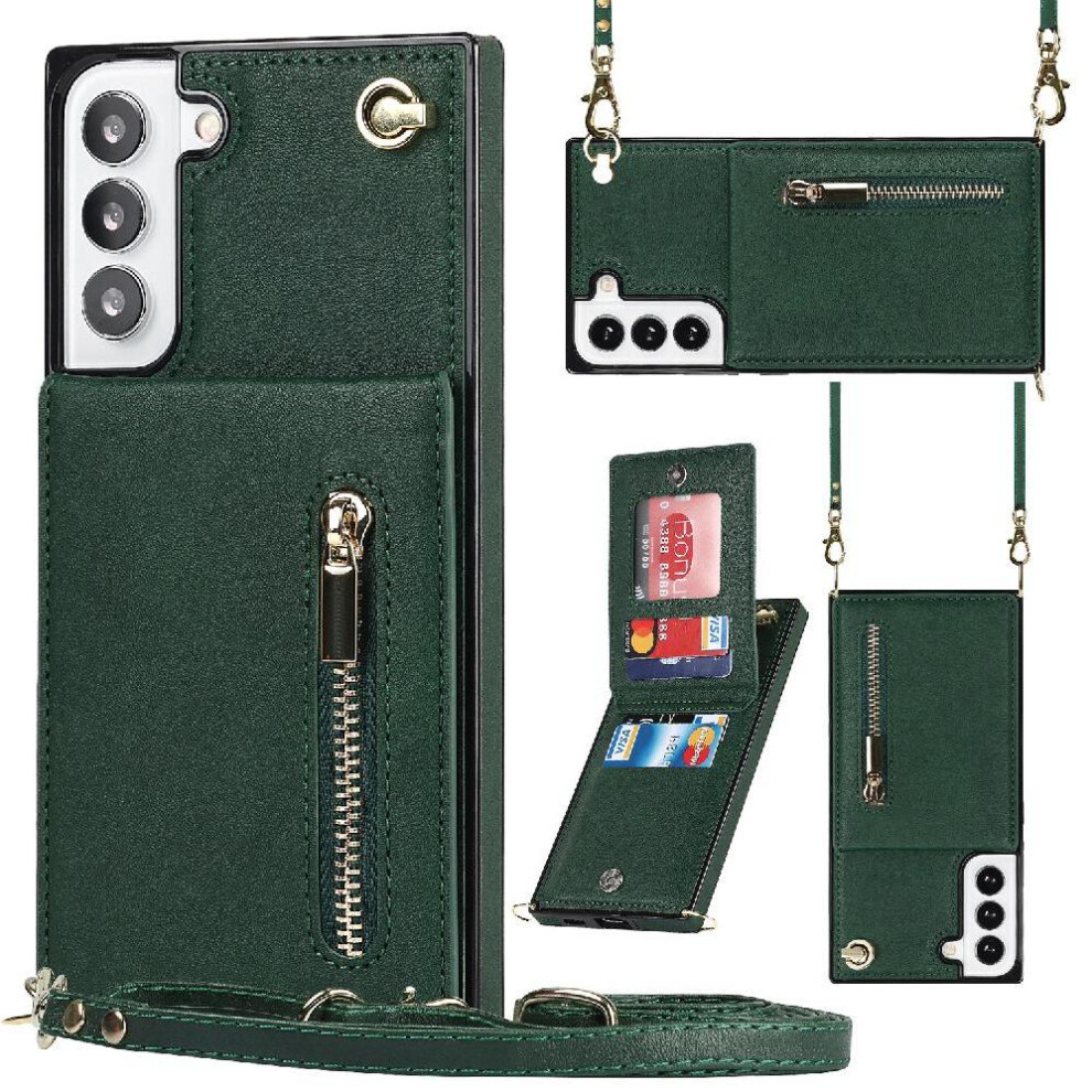 (Green) Case For Samsung Galaxy S22 Long Strap Shockproof Wallet Holder Zipper Green 764549394791