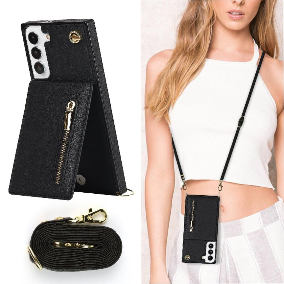 (Black) Case For Samsung Galaxy S22 Long Strap Shockproof Wallet Holder Zipper Black 764549394777