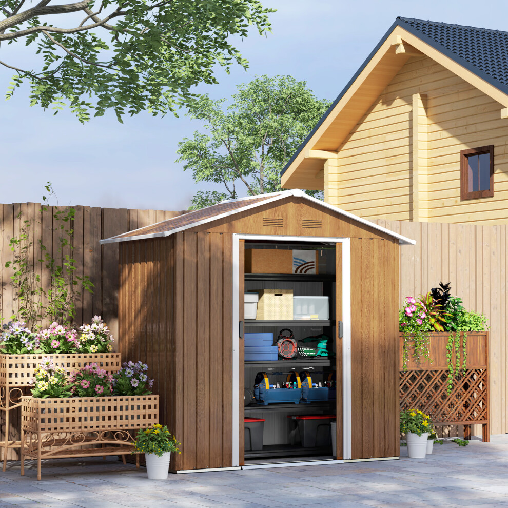 Outsunny 6.5x3.5ft Metal Garden Shed for Garden, Brown Wood Effect