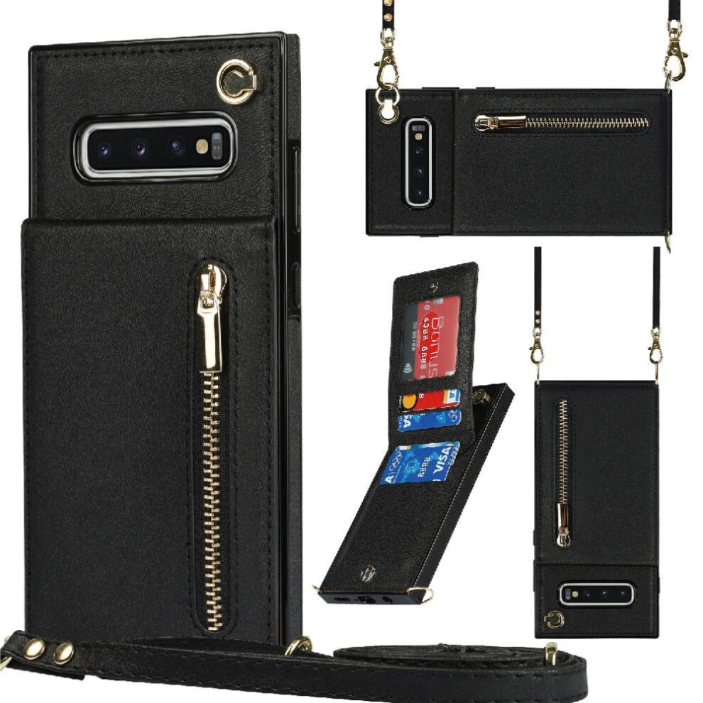 (Black) Case For Samsung Galaxy S10 Zipper Holder Long Strap Shockproof Wallet Black 764549395125
