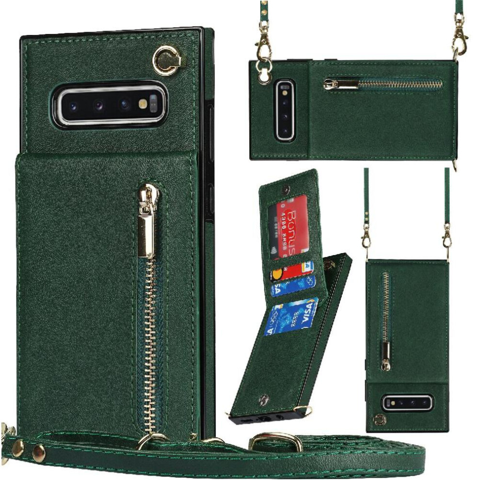 (Green) Case For Samsung Galaxy S10 Plus Long Strap Shockproof Zipper Wallet Holder Green 764549395194