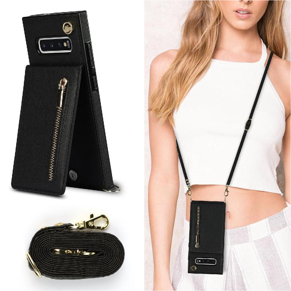 (Black) Case For Samsung Galaxy S10 Plus Long Strap Shockproof Zipper Wallet Holder Black 764549395170