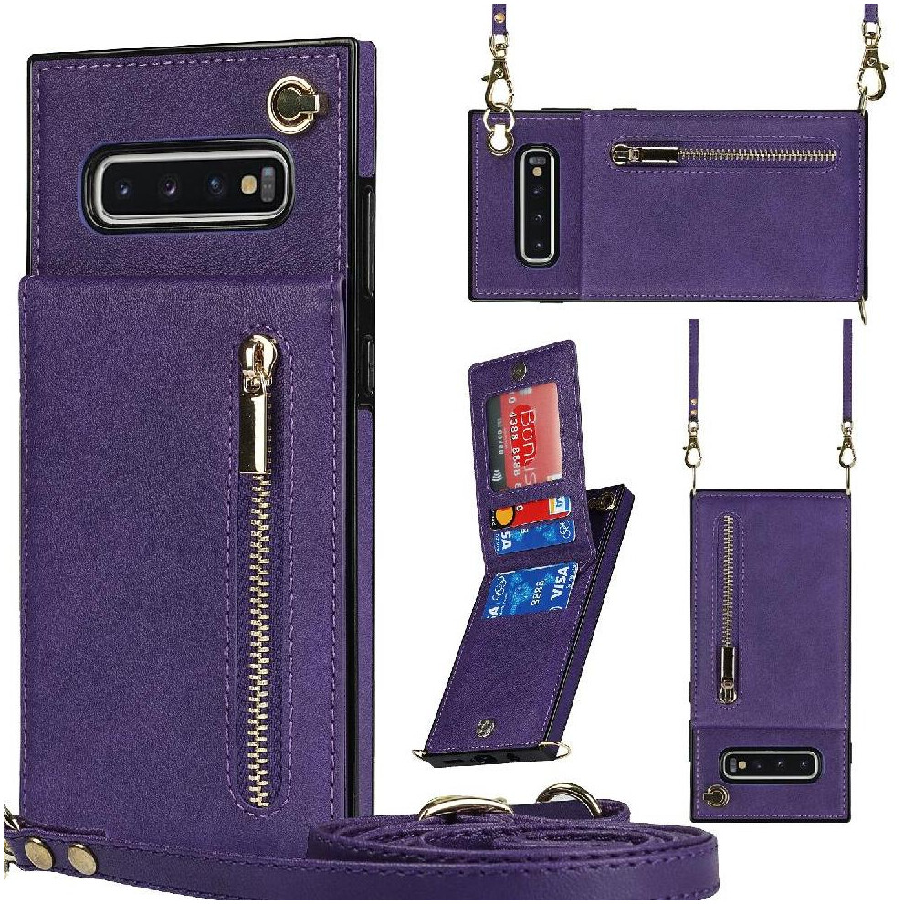 (Purple) Case For Samsung Galaxy S10 Plus Long Strap Shockproof Zipper Wallet Holder Purple 764549395217