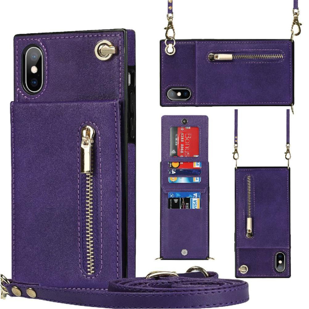 (Purple) Case For Iphone Xs Max Long Strap Shockproof Holder Zipper Wallet Purple 764549395460