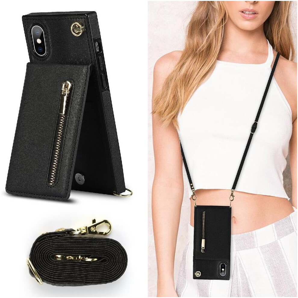 (Black) Case For Iphone Xs Max Long Strap Shockproof Holder Zipper Wallet Black 764549395422