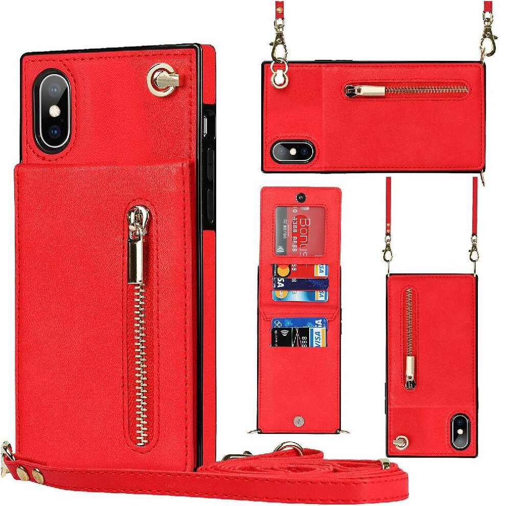 (Red) Case For Iphone Xs Max Long Strap Shockproof Holder Zipper Wallet Red 764549395439