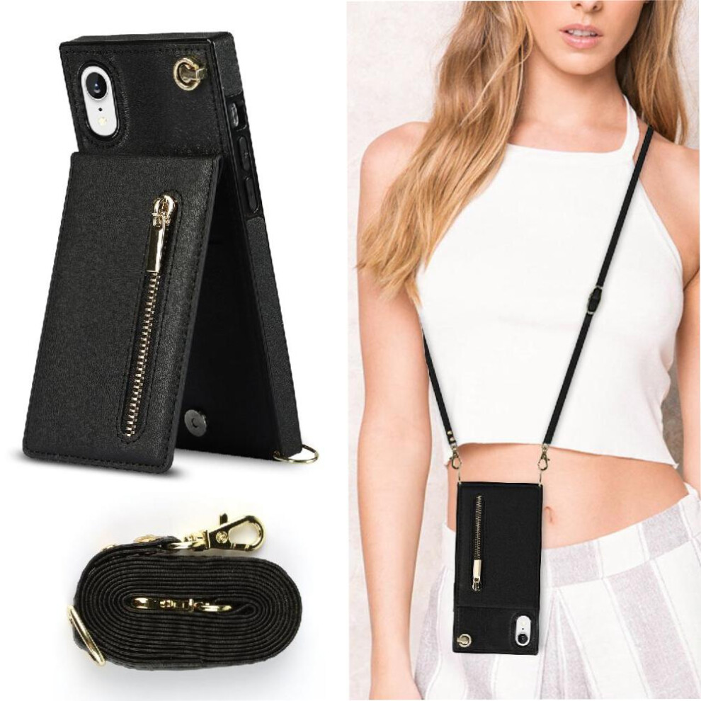 (Black) Case For Iphone Xr Wallet Shockproof Long Strap Zipper Holder Black 764549395477
