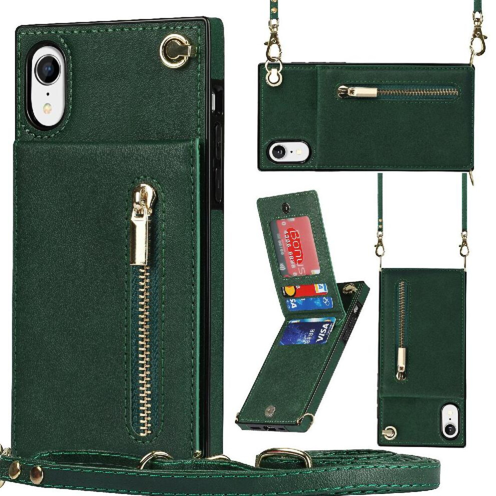 (Green) Case For Iphone Xr Wallet Shockproof Long Strap Zipper Holder Green 764549395491