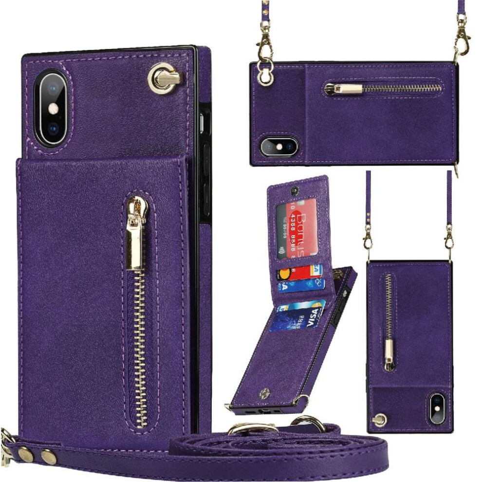 (Purple) Case For Iphone X/Xs Holder Wallet Zipper Shockproof Long Strap Purple 764549395569