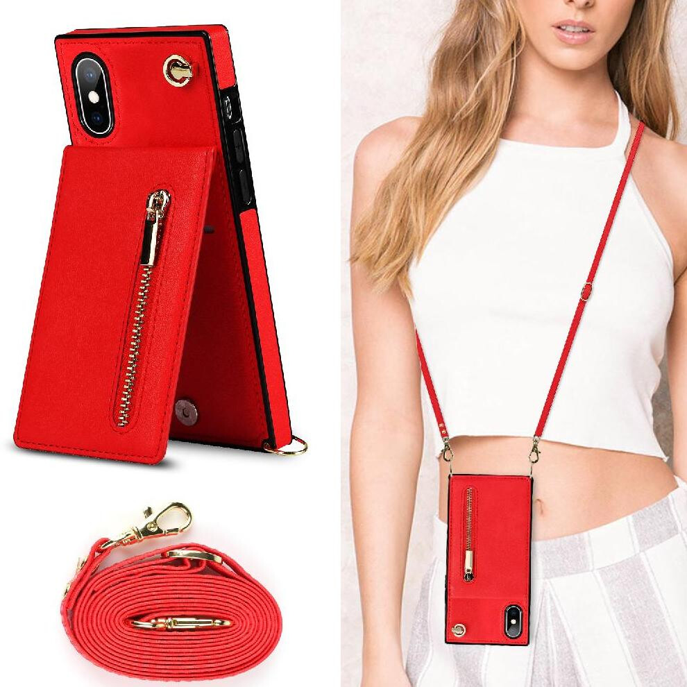 (Red) Case For Iphone X/Xs Holder Wallet Zipper Shockproof Long Strap Red 764549395538
