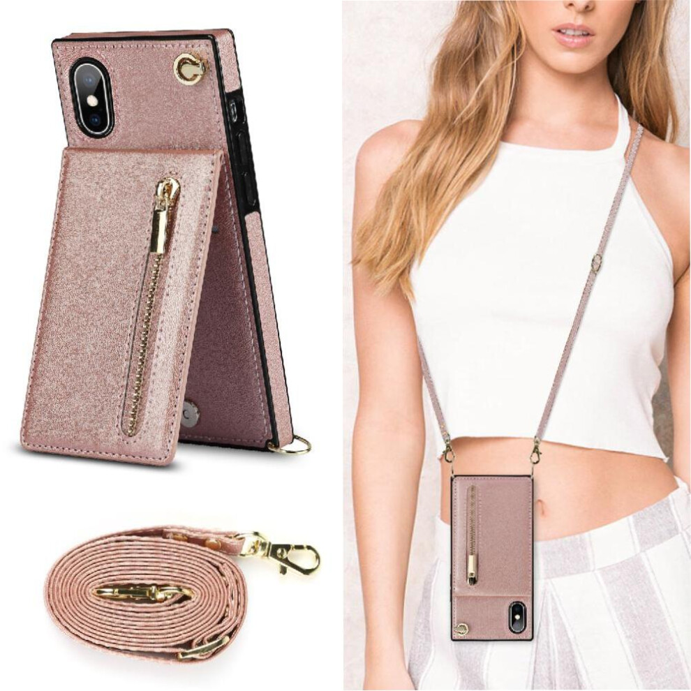 (Pink) Case For Iphone X/Xs Holder Wallet Zipper Shockproof Long Strap Pink 764549395552