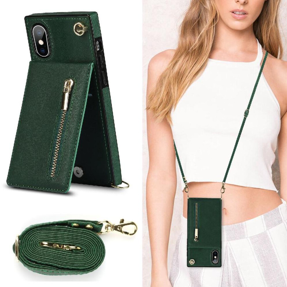 (Green) Case For Iphone X/Xs Holder Wallet Zipper Shockproof Long Strap Green 764549395545