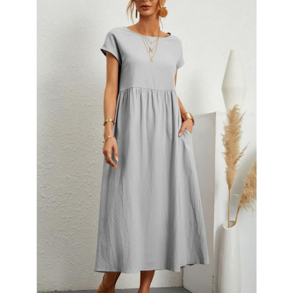 (silver, M) Women Vintage Solid Dress Summer Elegant O Neck Short Sleeve Dresses Female Casual Loose Sundress Long Dress