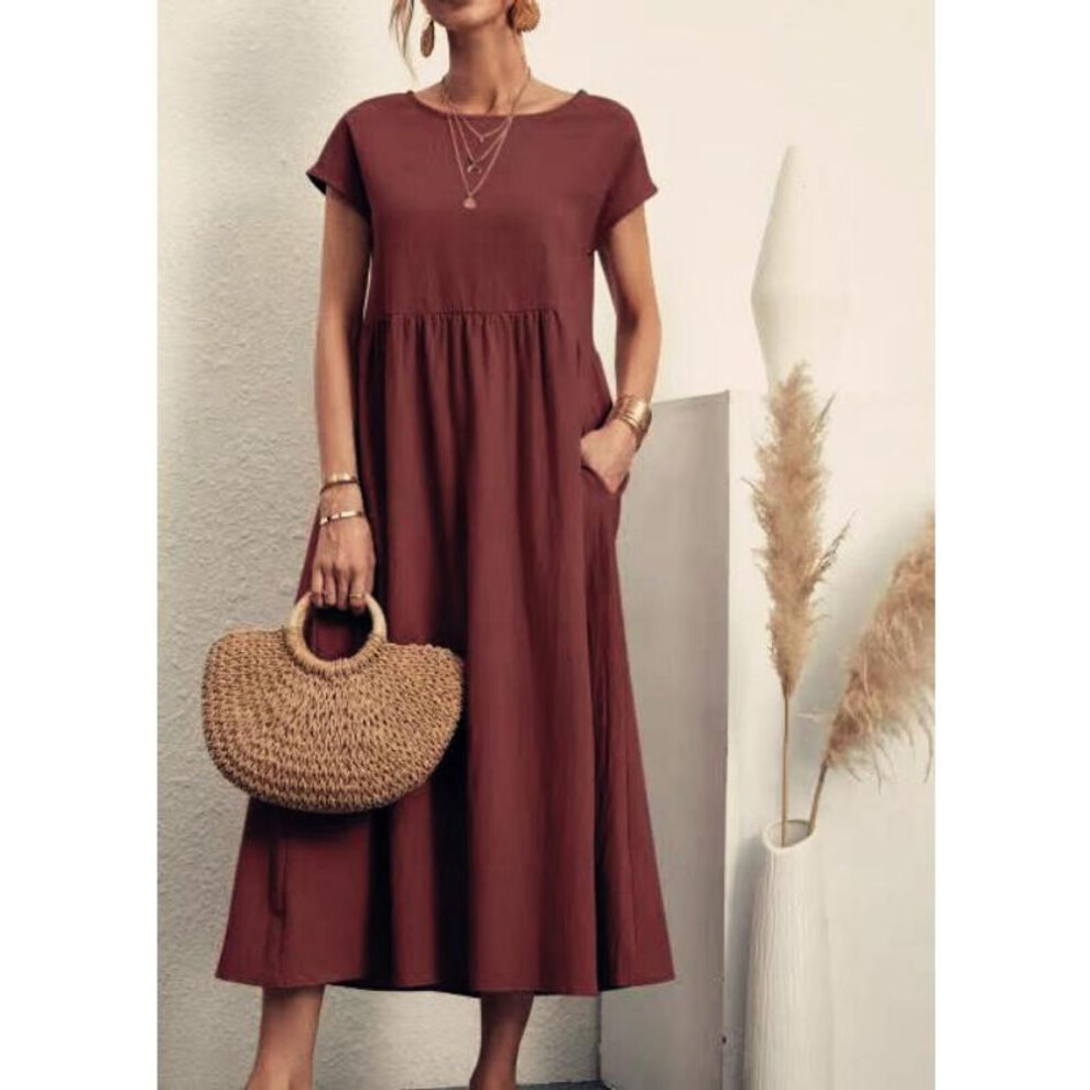 (claret, M) Women Vintage Solid Dress Summer Elegant O Neck Short Sleeve Dresses Female Casual Loose Sundress Long Dress