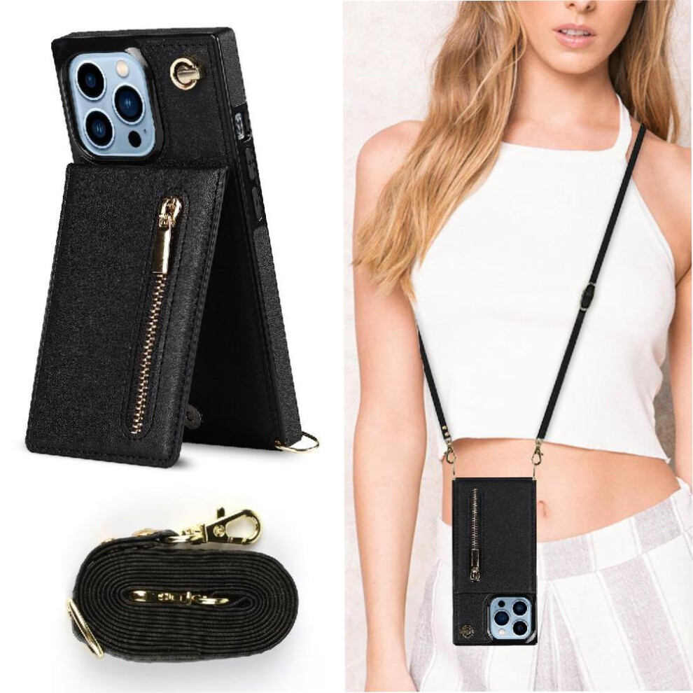 (Black) Case For Iphone 15 Pro Long Strap Zipper Shockproof Wallet Holder Black 764549396061