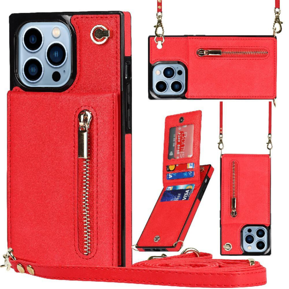 (Red) Case For Iphone 15 Pro Long Strap Zipper Shockproof Wallet Holder Red 764549396078