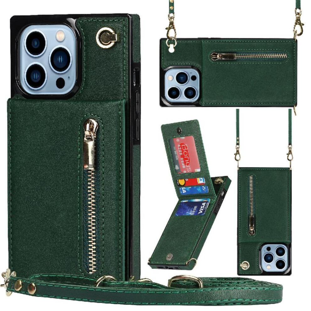(Green) Case For Iphone 15 Pro Max Wallet Shockproof Long Strap Holder Zipper Green 764549396139