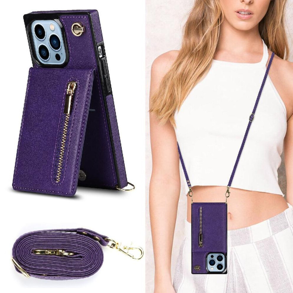 (Purple) Case For Iphone 15 Pro Max Wallet Shockproof Long Strap Holder Zipper Purple 764549396153