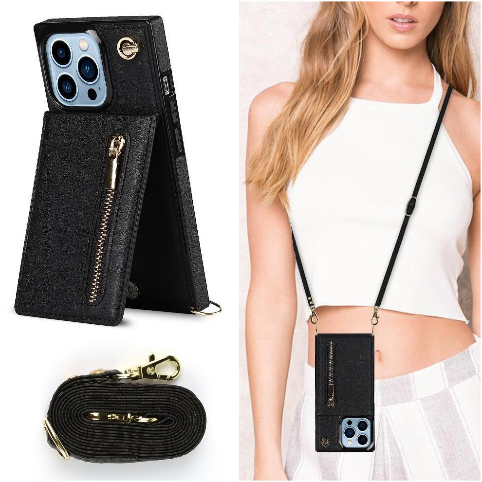 (Black) Case For Iphone 15 Pro Max Wallet Shockproof Long Strap Holder Zipper Black 764549396115