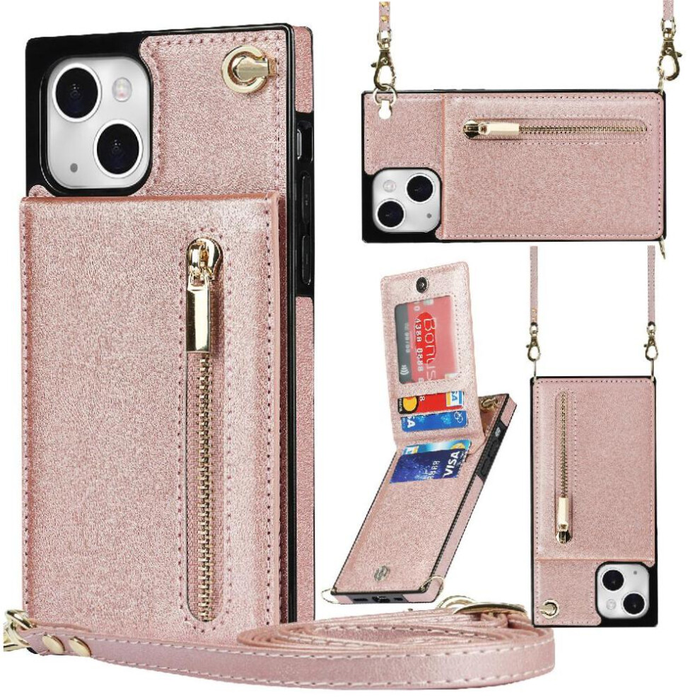 (Pink) Case For Iphone 15 Holder Shockproof Zipper Long Strap Wallet Pink 764549396191