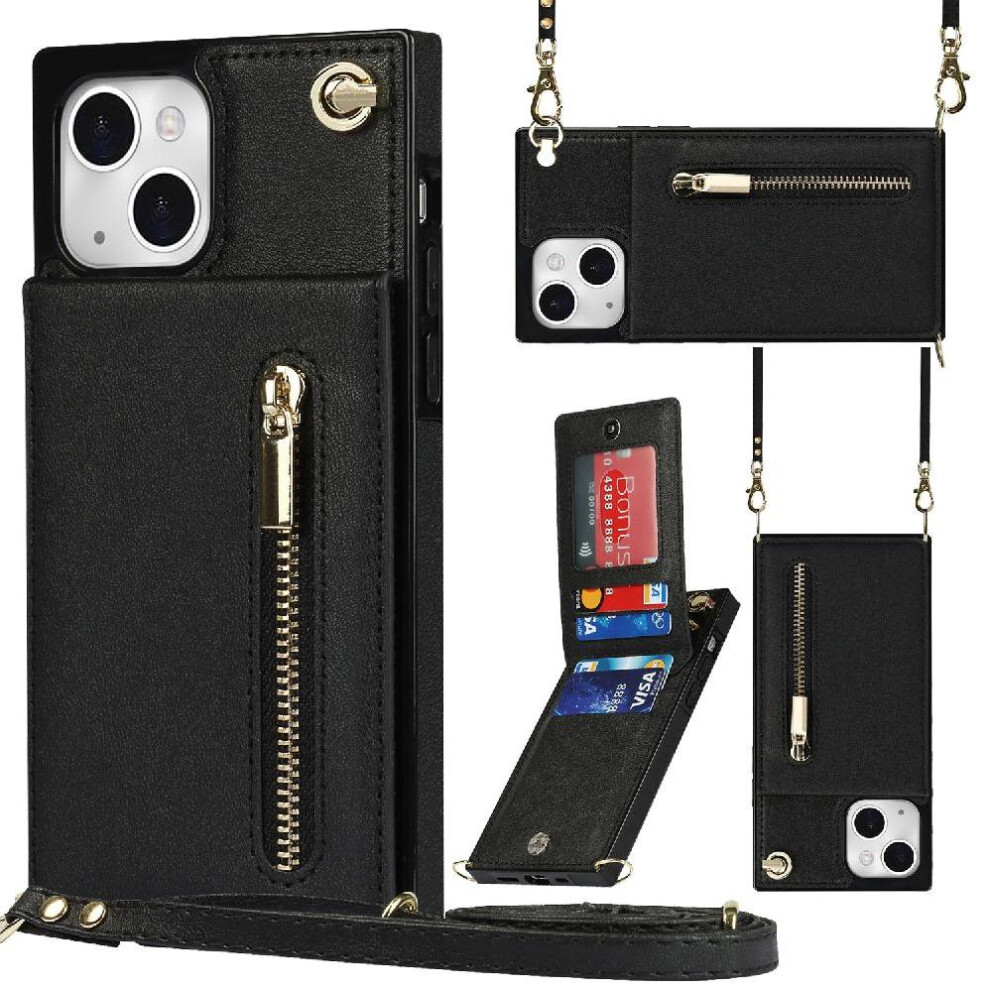 (Black) Case For Iphone 15 Holder Shockproof Zipper Long Strap Wallet Black 764549396160