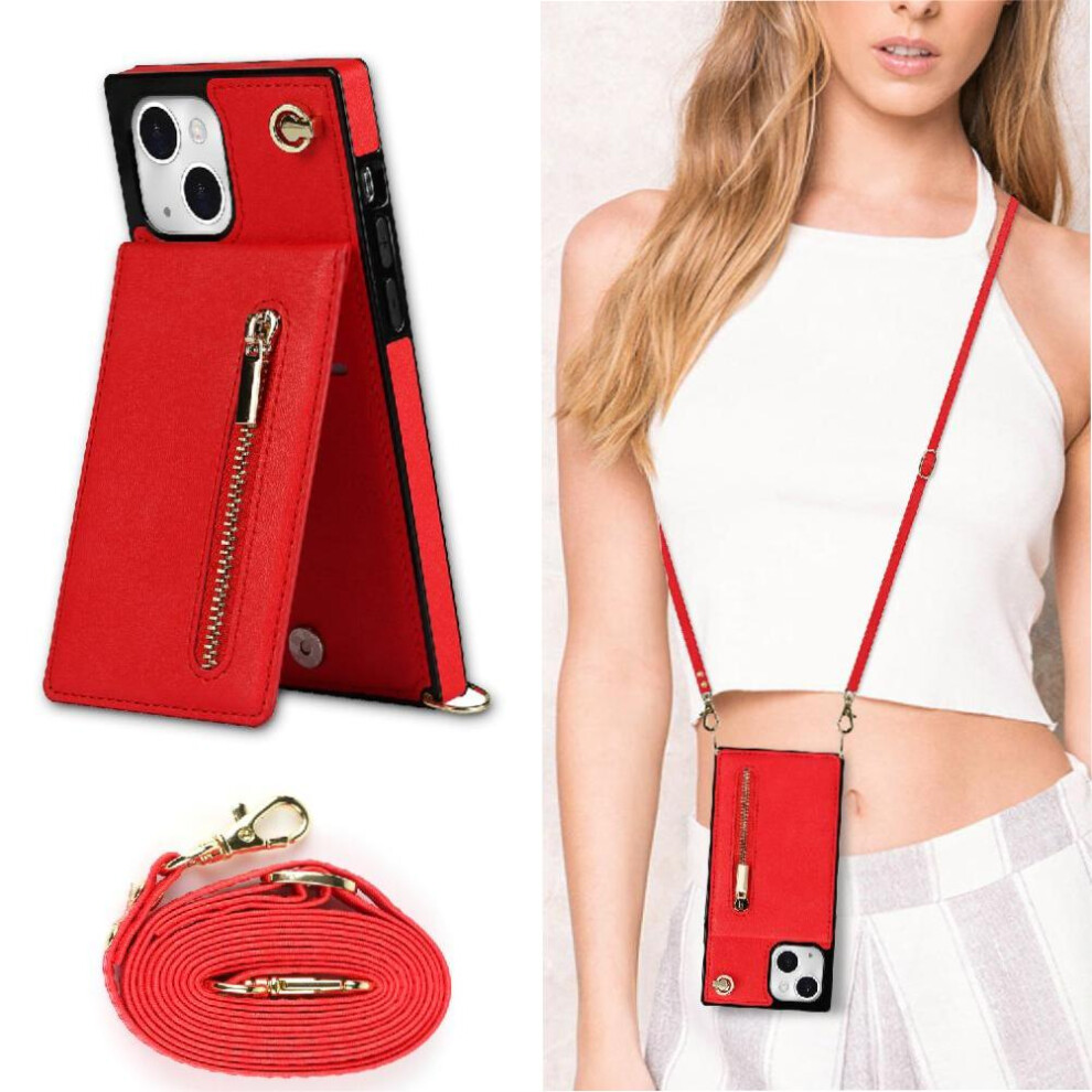 (Red) Case For Iphone 15 Holder Shockproof Zipper Long Strap Wallet Red 764549396177