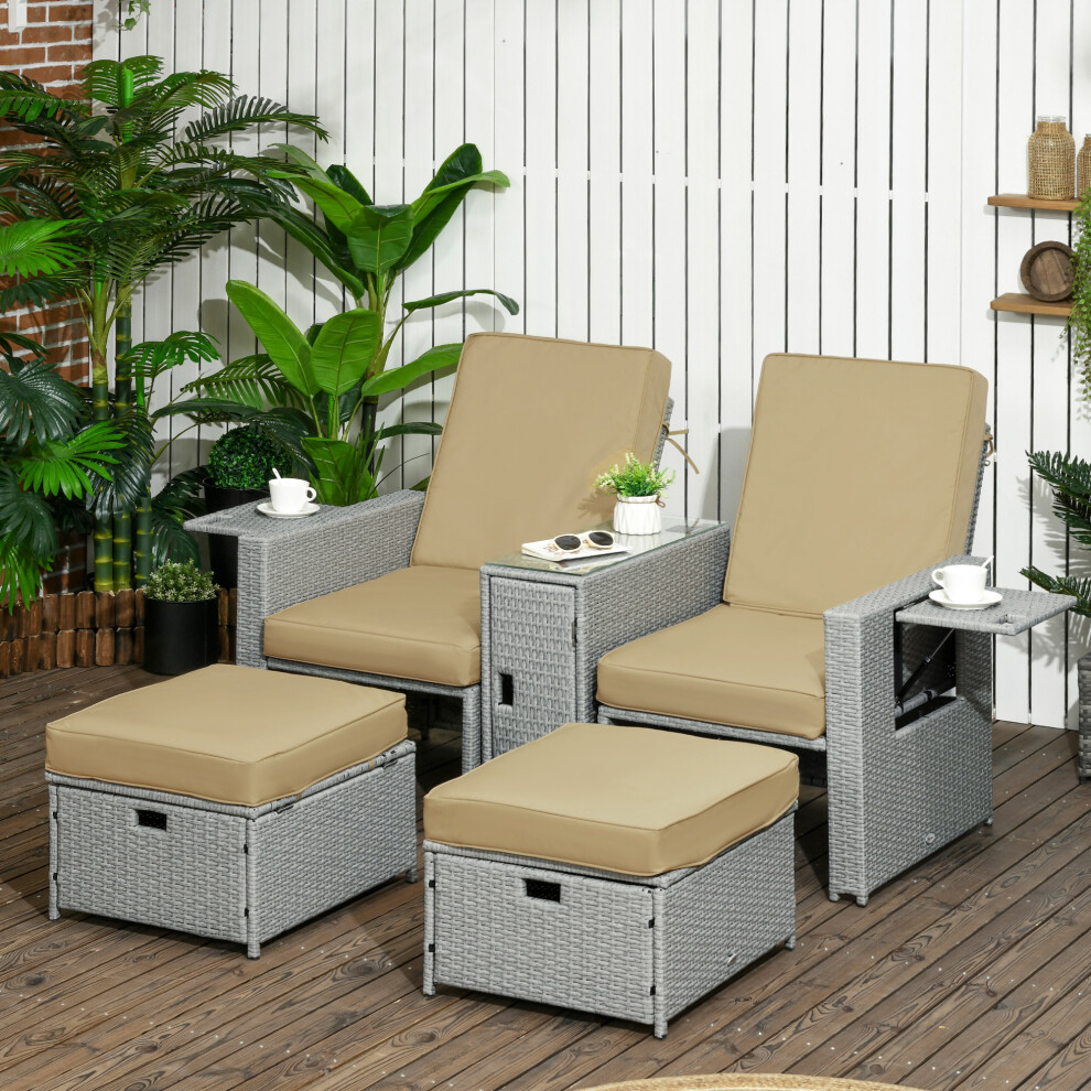 Outsunny Recliner Rattan Sun Lounger W/ Storage Tea Table & Footstools, Beige Cream