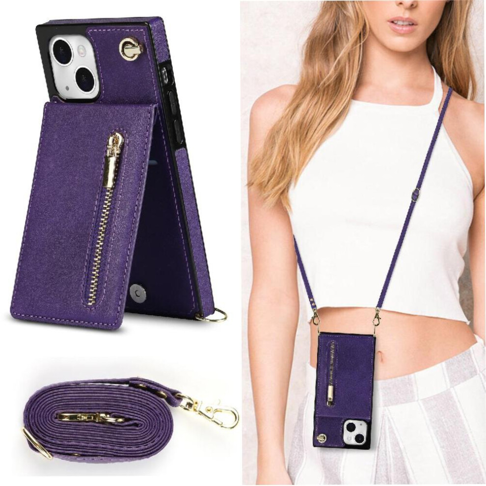 (Purple) Case For Iphone 15 Plus Holder Zipper Shockproof Wallet Long Strap Purple 764549396252