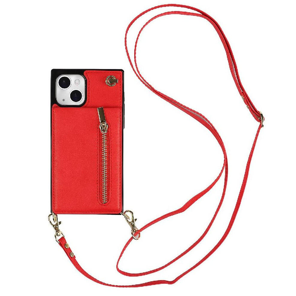 (Red) Case For Iphone 15 Plus Holder Zipper Shockproof Wallet Long Strap Red 764549396221