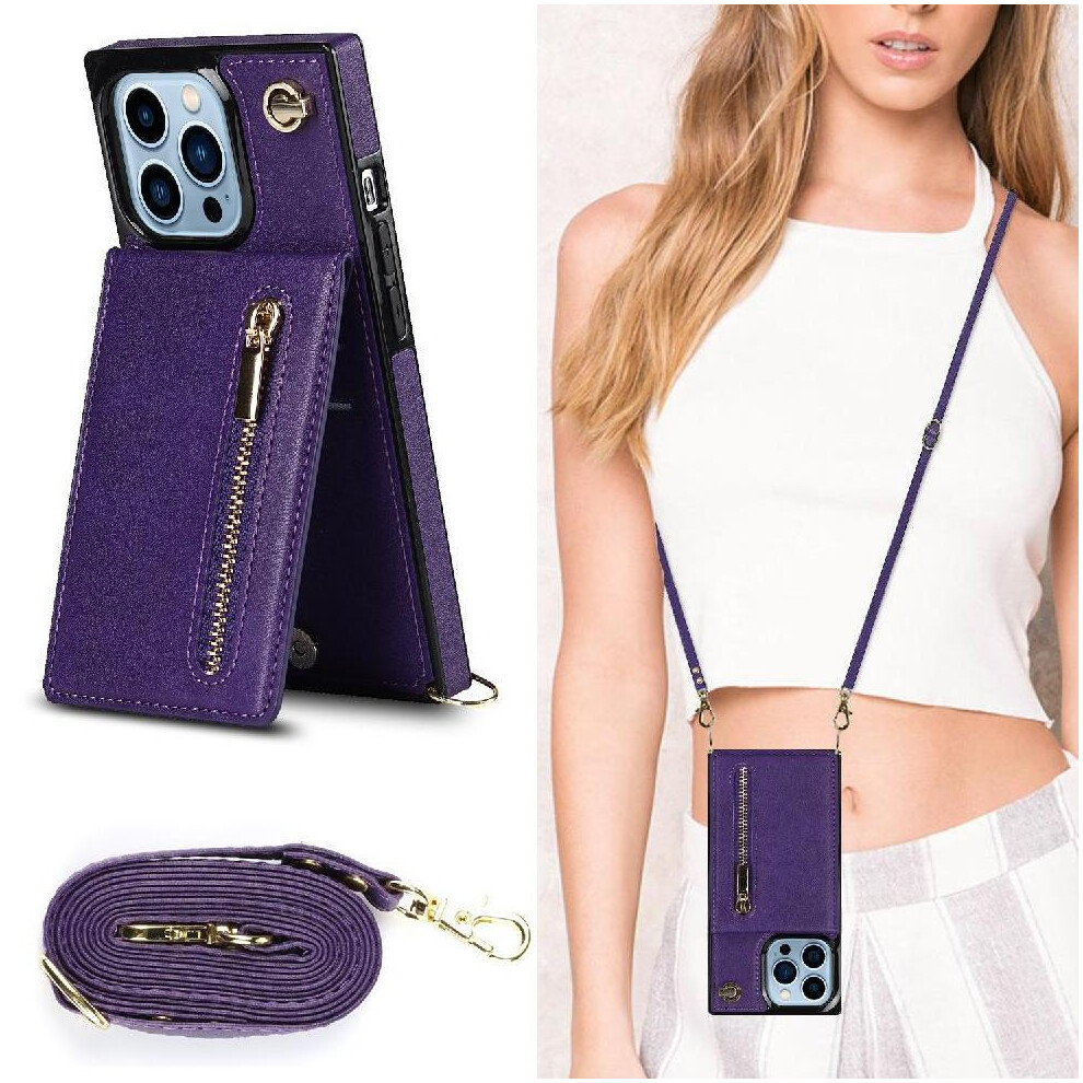 (Purple) Case For Iphone 14 Pro Max Holder Shockproof Zipper Long Strap Wallet Purple 764549396306