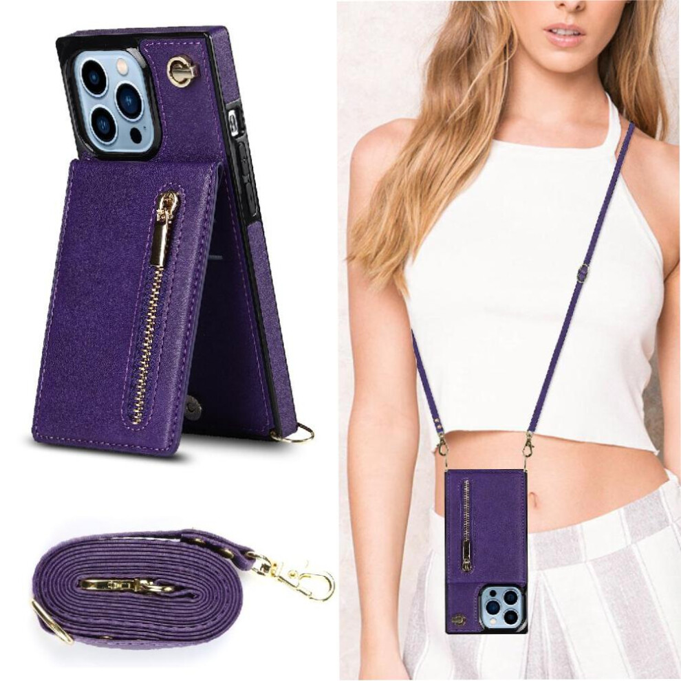 (Purple) Case For Iphone 13 Pro Max Shockproof Long Strap Zipper Wallet Holder Purple 764549396504