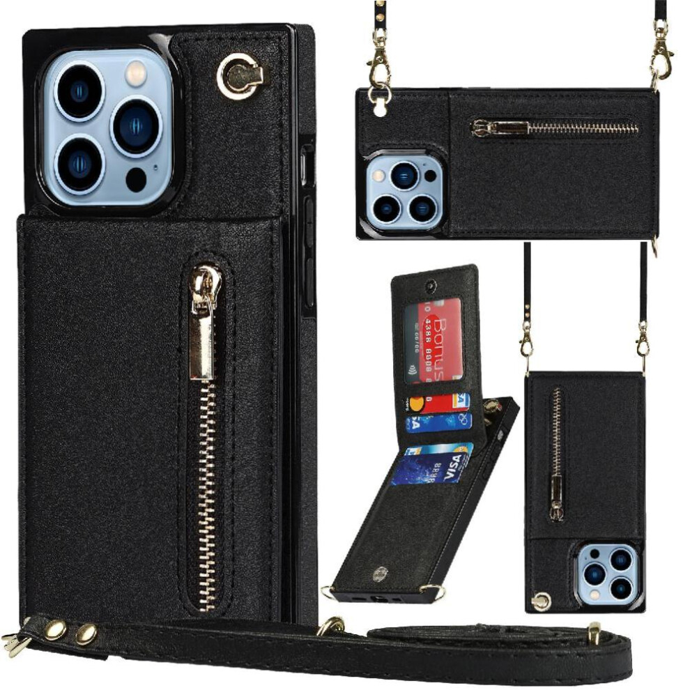 (Black) Case For Iphone 13 Pro Max Shockproof Long Strap Zipper Wallet Holder Black 764549396467