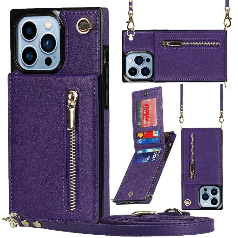 (Purple) Case For Iphone 13 Pro Wallet Shockproof Zipper Holder Long Strap Purple 764549396559