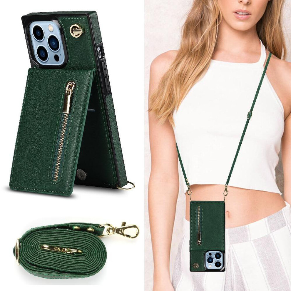 (Green) Case For Iphone 13 Pro Wallet Shockproof Zipper Holder Long Strap Green 764549396535